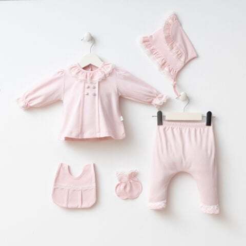 Dantelli Düğme Detaylı 5'li Hastane Seti Pembe