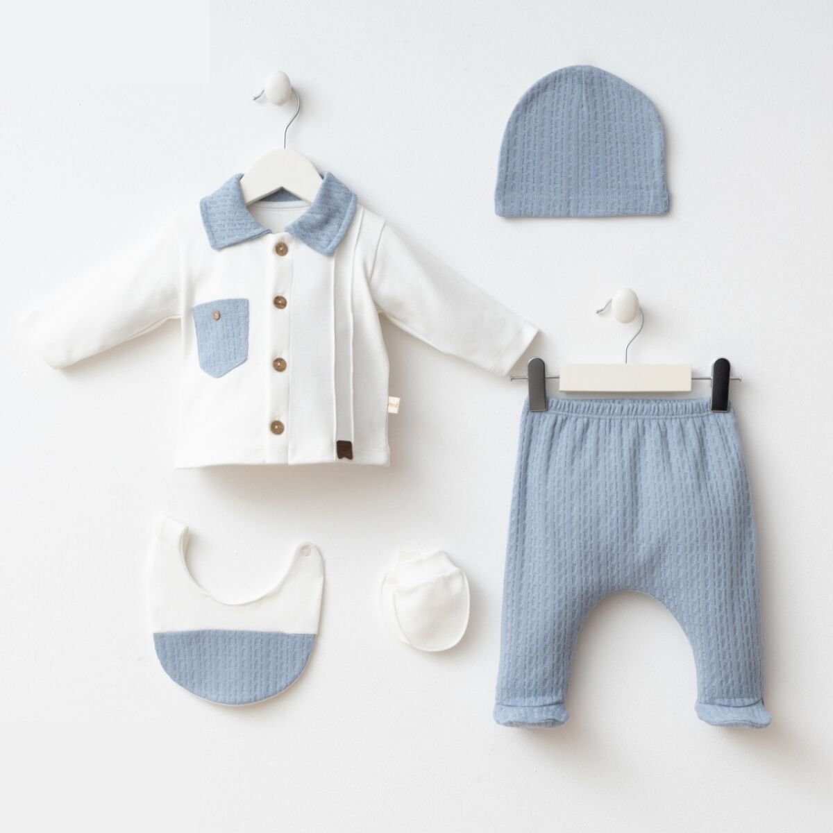 Cep Detaylı Düğmeli 5'li Hastane Seti Mavi