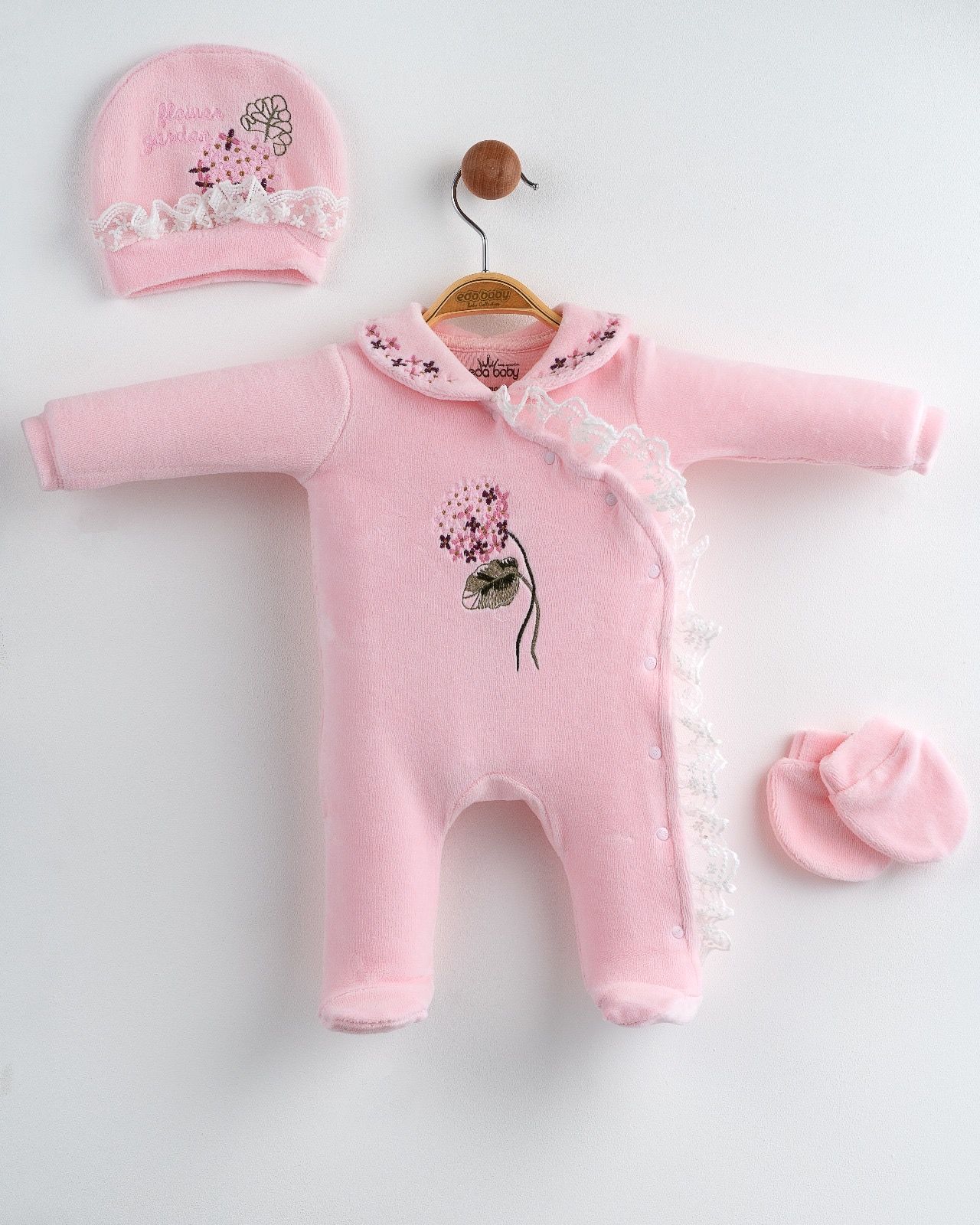 Ortanca Çiçekli Kadife Tulum Seti Pembe