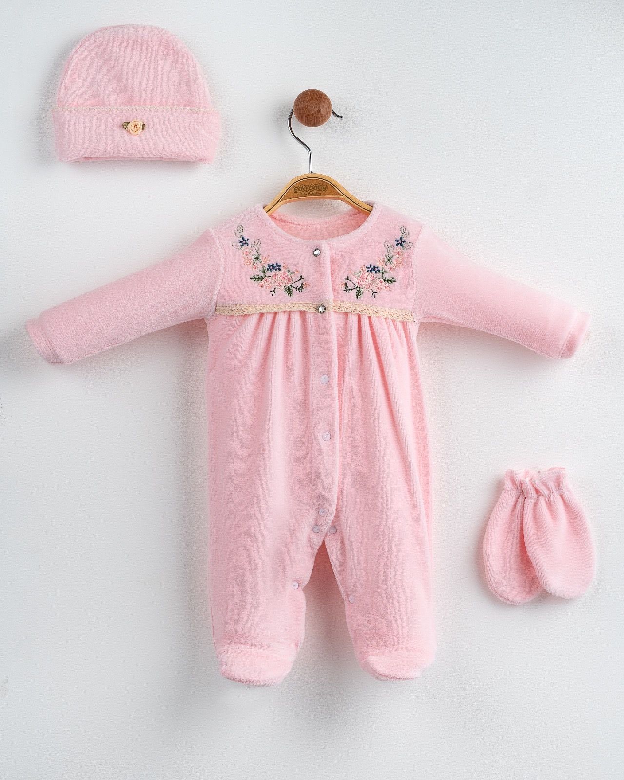 Sıralı Çiçekli Kadife Tulum Seti Pembe