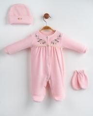 Sıralı Çiçekli Kadife Tulum Seti Pembe