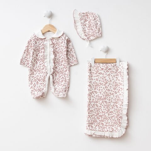 Dijital Baskılı Leopar 3'lü Hastane Seti Gül Kurusu