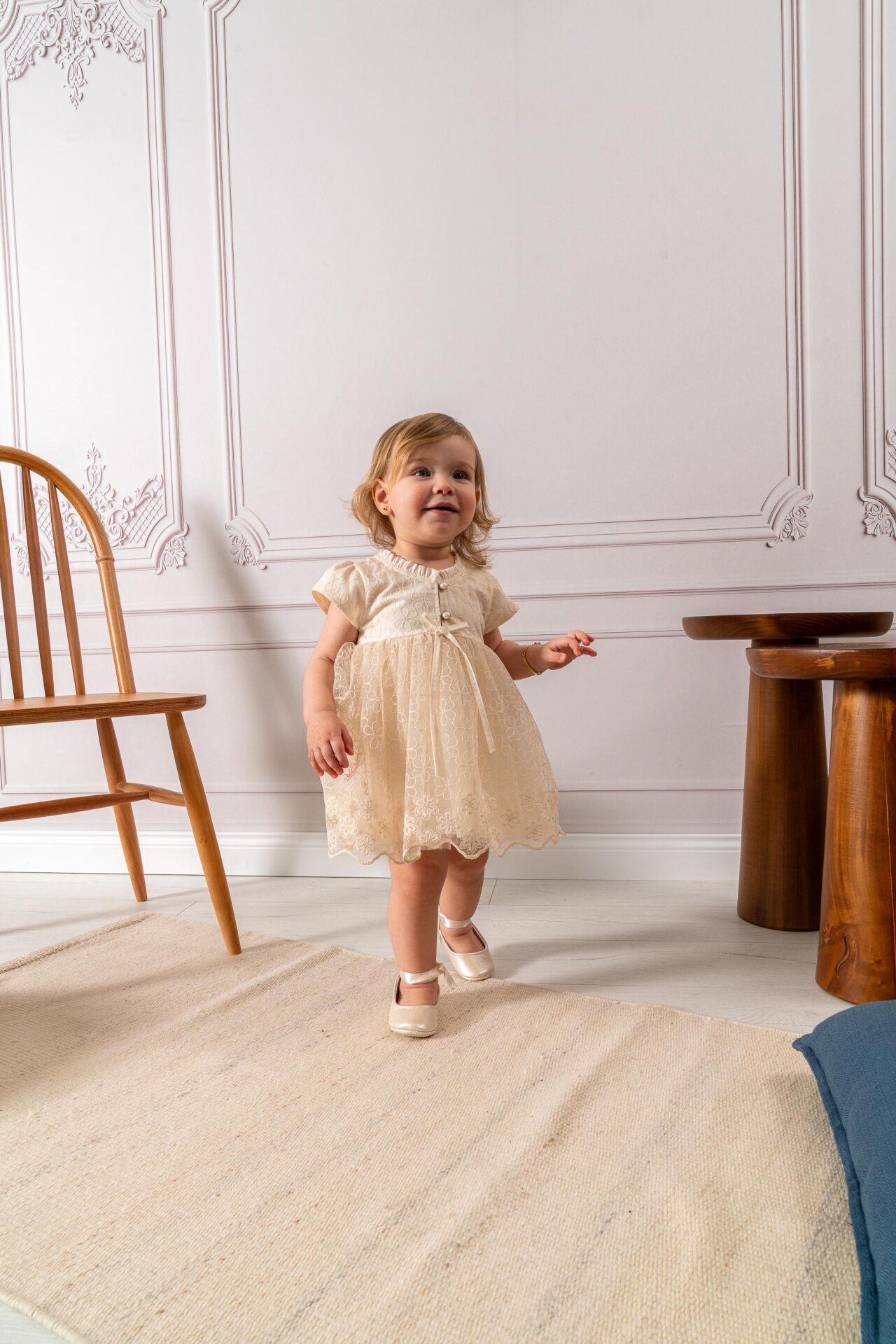 İnci Düğme Detaylı Dantelli Elbise ve Bandana