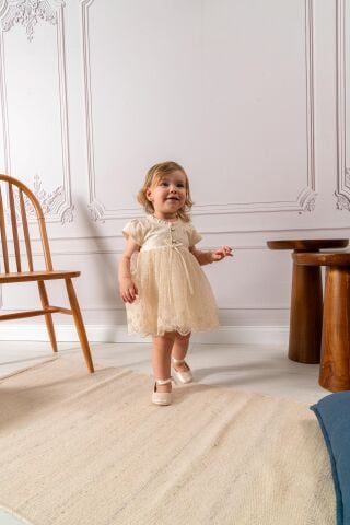 İnci Düğme Detaylı Dantelli Elbise ve Bandana