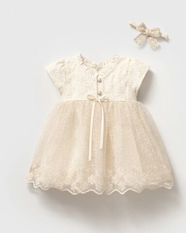 İnci Düğme Detaylı Dantelli Elbise ve Bandana