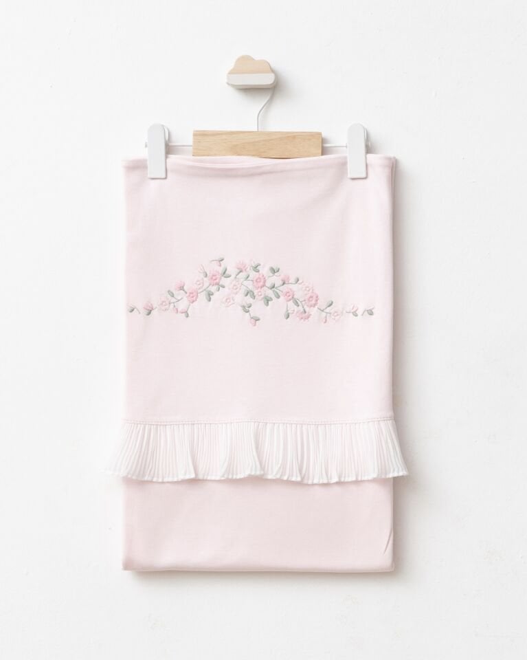 Çiçek Nakışlı Plise Detaylı Çift Katlı Battaniye Pembe