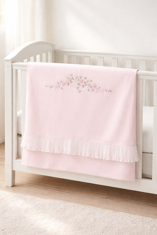 Çiçek Nakışlı Plise Detaylı Çift Katlı Battaniye Pembe