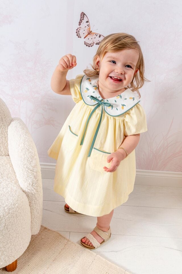 Baby Lemon Elbise Nakışlı Bebe Yaka Cep Detaylı