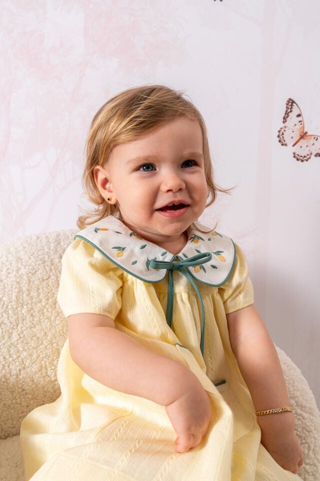 Baby Lemon Elbise Nakışlı Bebe Yaka Cep Detaylı