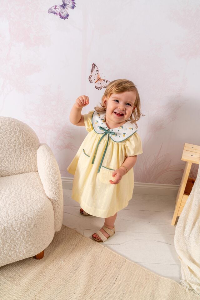 Baby Lemon Elbise Nakışlı Bebe Yaka Cep Detaylı