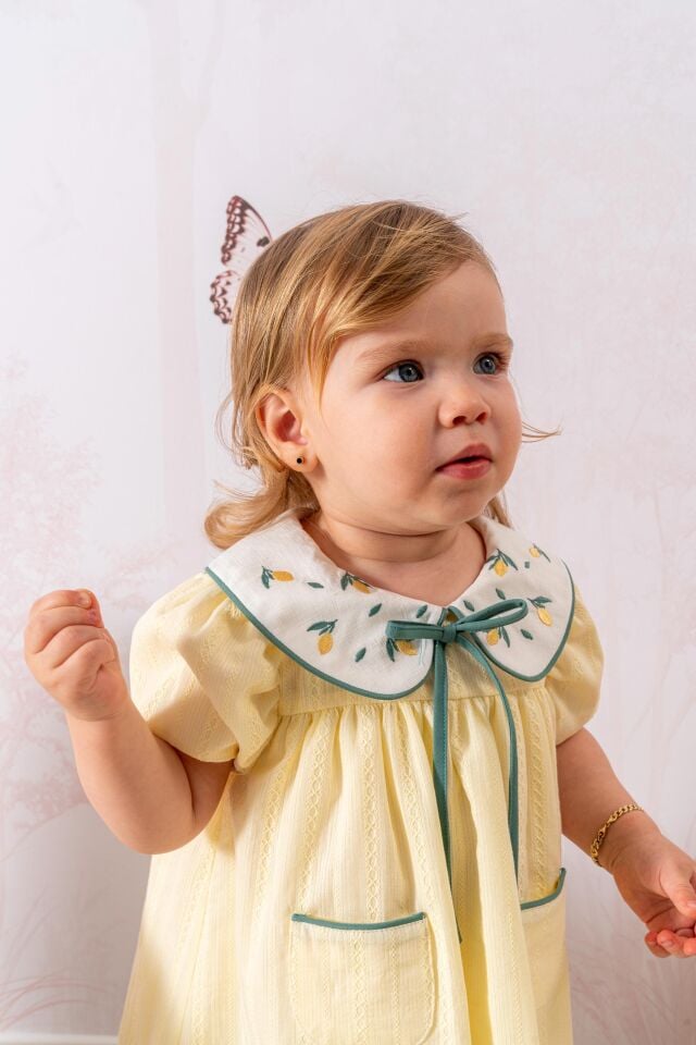 Baby Lemon Elbise Nakışlı Bebe Yaka Cep Detaylı