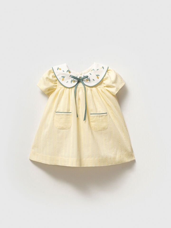 Baby Lemon Elbise Nakışlı Bebe Yaka Cep Detaylı