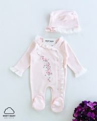 Çiçek Nakışlı Dantel Detaylı Tulum Pembe