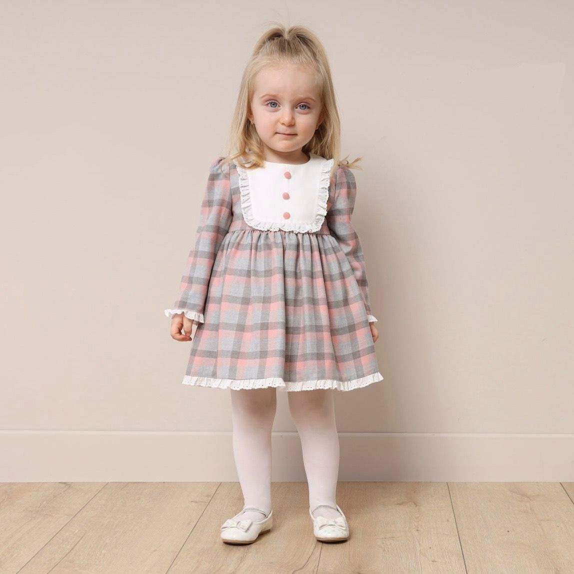 Ekose Elbise Geniş Yaka Düğmeli