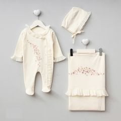 Çiçek Nakışlı Dantel Detaylı 3’lü Hastane Seti Natural