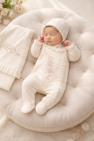 Çiçek Nakışlı Dantel Detaylı 3’lü Hastane Seti Natural