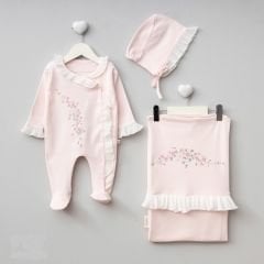 Çiçek Nakışlı Dantel Detaylı 3’lü Hastane Seti Pembe