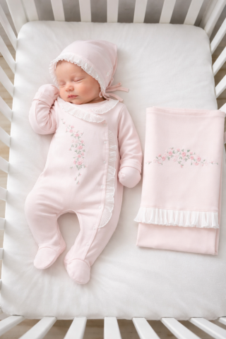 Çiçek Nakışlı Dantel Detaylı 3’lü Hastane Seti Pembe